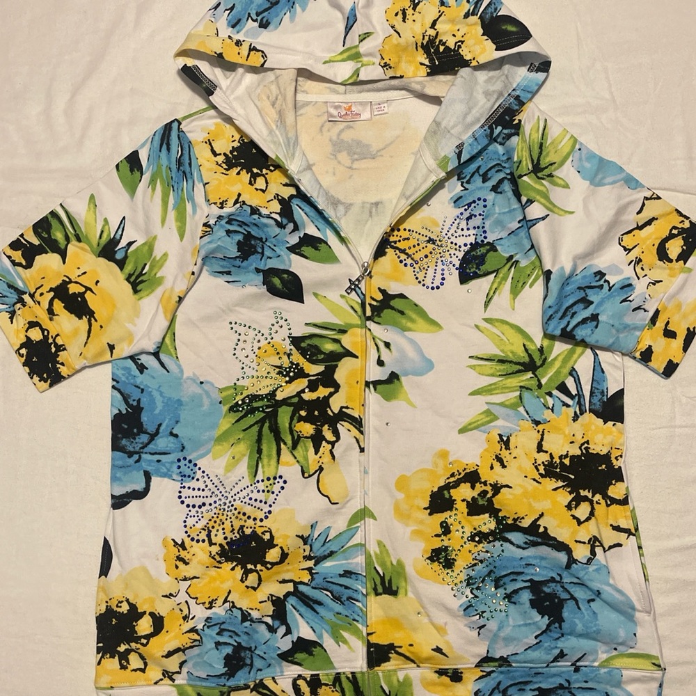 Quacker Factory Vibrant Floral Hoodie - Blue, Yellow, Green